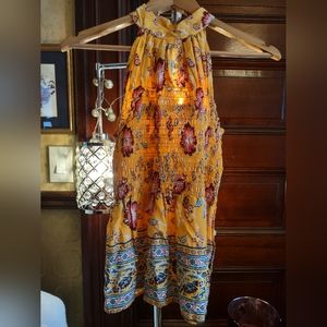 Rachel Zoe Ladies Halter Top, XS, Smocking across the chest, Yellow Floral NWTs